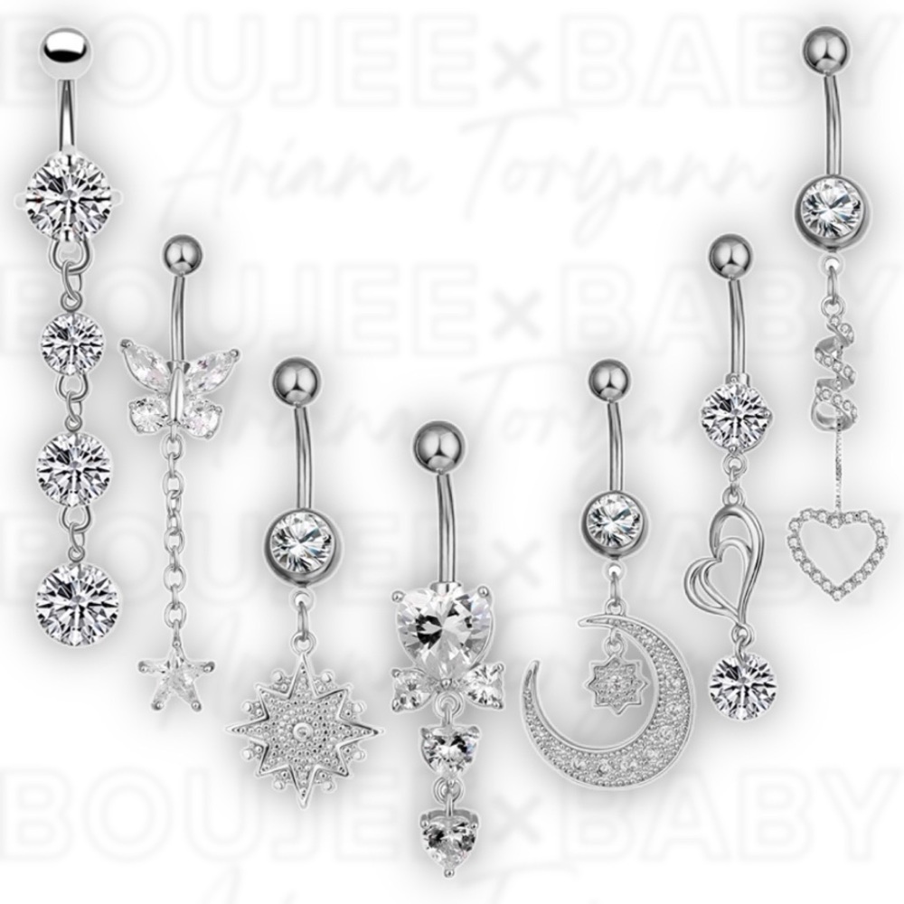 7 Piece (14 Gauge) Stainless Steel Dangle Belly Button Rings